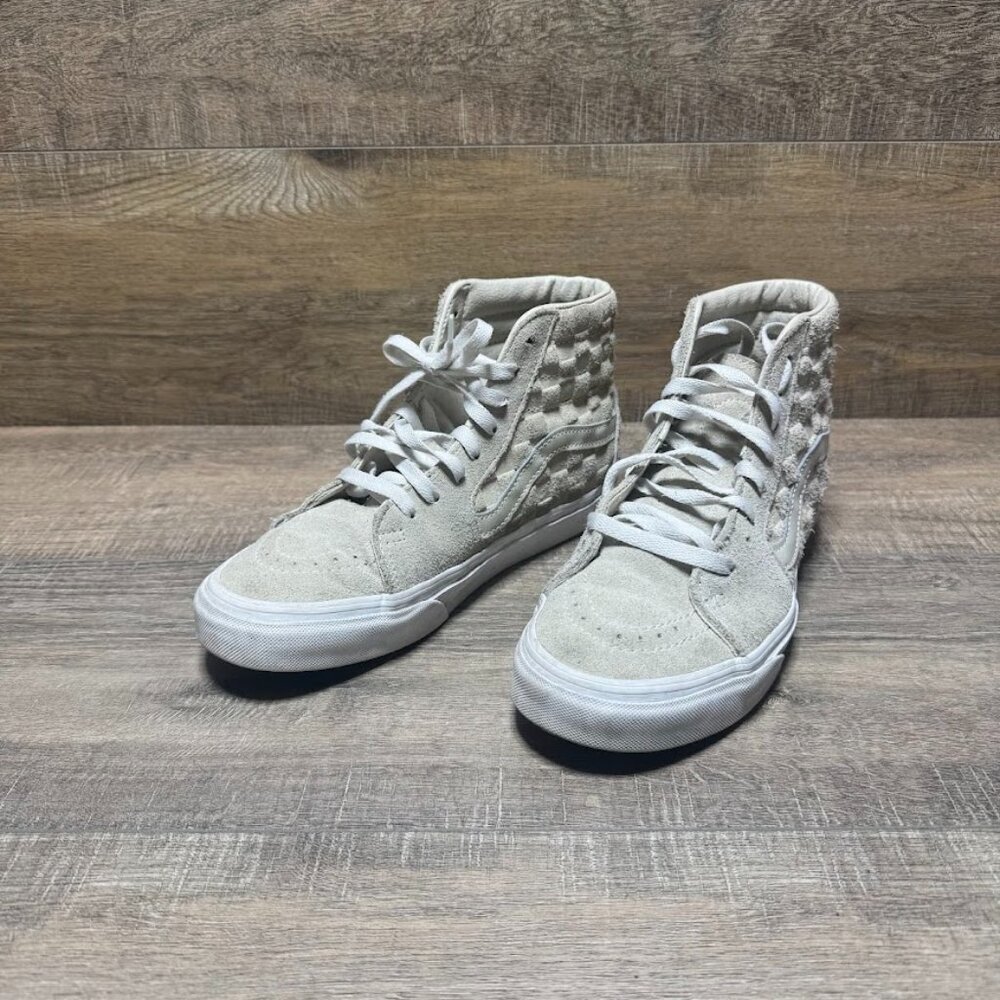 Vans Sk8-Hi Embossed Checkerboard Oat White Suede Sneakers Women's 8.5